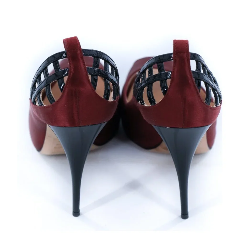 GIUSEPPE ZANOTTI Burgundy Caged Satin Peep Toe Pumps Heels